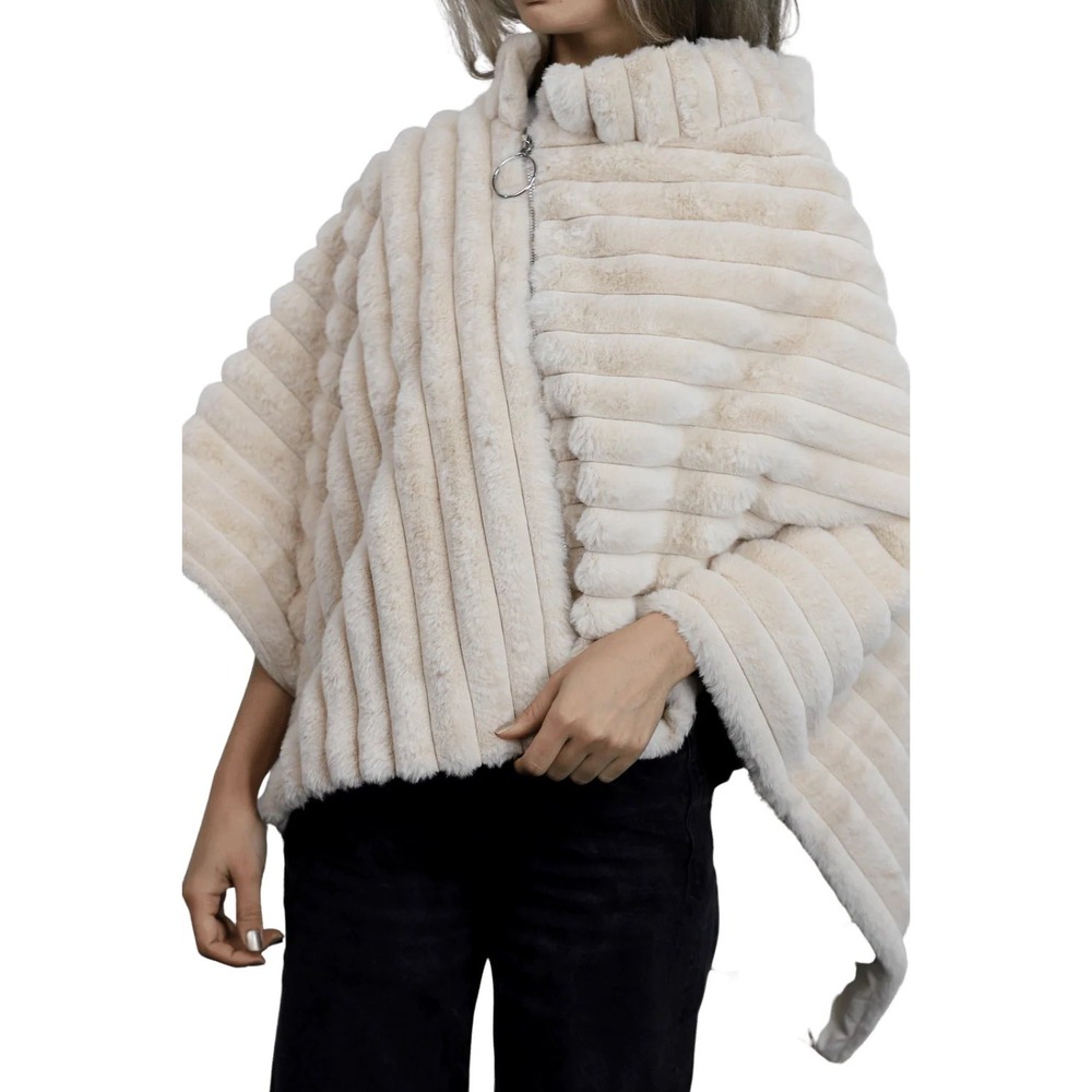 La Fiorentina White Faux Fur Ribbed Quarter Zip Poncho FAUX2228 One Size